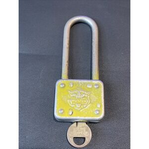 Vintage MASTER LOCK Padlock Lion Face Long Shackle 77 Works w/ Key Yellowish Clr